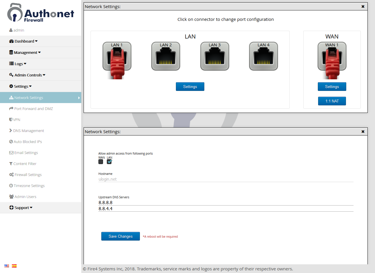 Authonet configuraciones del sistema